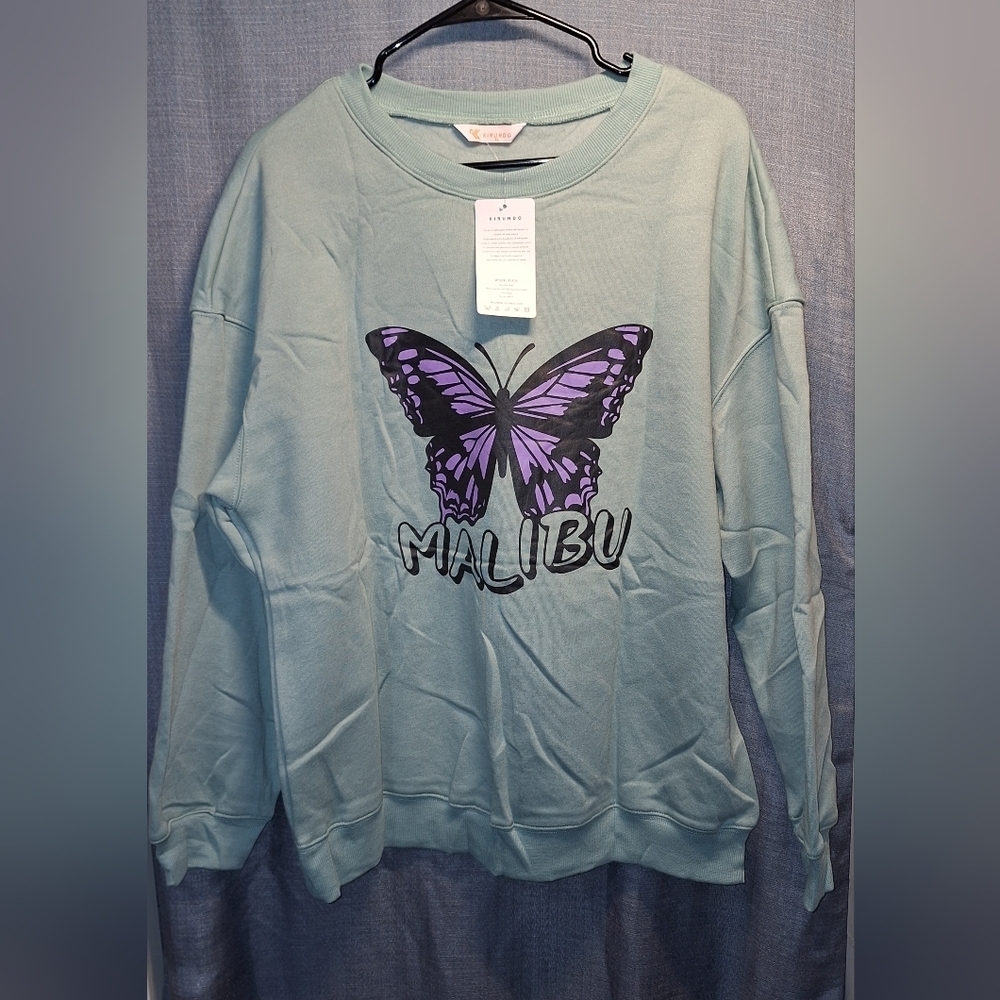 Malibu Sweatshirt Pale Green Butterfly Graphic XL